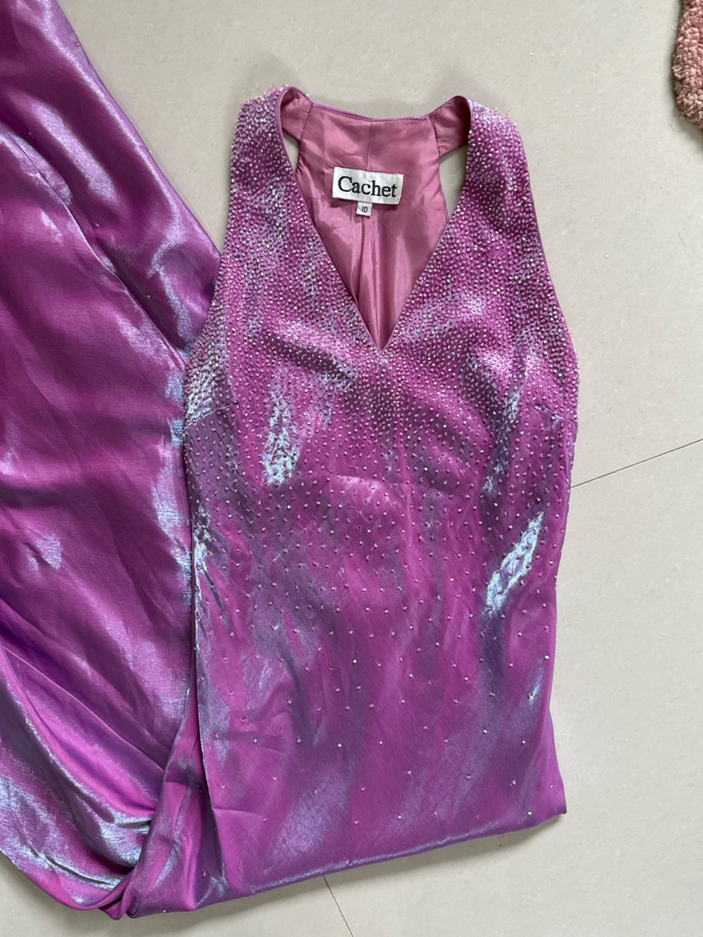 Vintage Cachet Fuchsia Beaded Formal Halter Dress 90s Prom